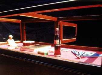 Arahmaiani, Etalase, or Display cabinet, 1994. Various items including Qur’an, condoms, Coca cola bottle