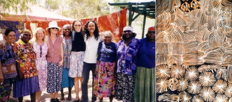 Left: With the Utopia women batik artists in the Northern Territory; Right: example of work from Segaragunung (Ocean/mountain) Songs of the Ancestors