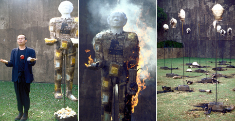Dadang Christanto, Api di bulan Mei, 1998 (Fire in May, 1998) 1998-99. Dadang performing at the Asia-Pacific Triennial, 1999. Dadang sought to raise awareness of violence that occurred during the Reformasi period and the downfall of Suharto with a series of figures that were set on fire.